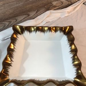 Large White Square Nicole Miller Home Ceramic Gold Colored Ruffle Trim Dish GC